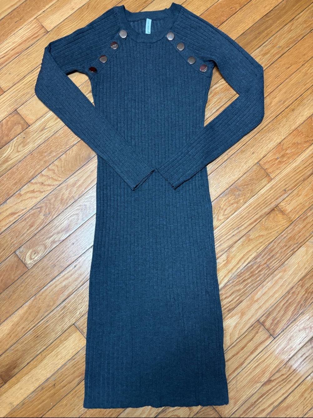 Ribbed Long Sleeve Midi Dress with Shoulder Buttons - Charcoal